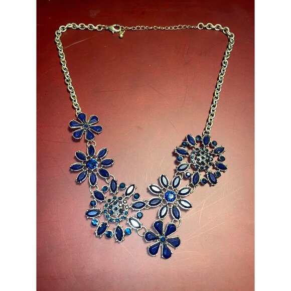 Bib Blue Floral Flowers Statement Necklace Art Deco Design Lobster  Adjustable - Picture 9 of 14